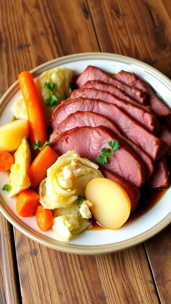 Plate of tender corned beef with cabbage, carrots, and potatoes, garnished with parsley.